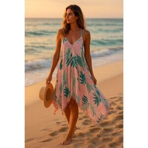 Goa Beachwear by Japna Pink Tropical Pom Pom Hem Cover Up Dress L